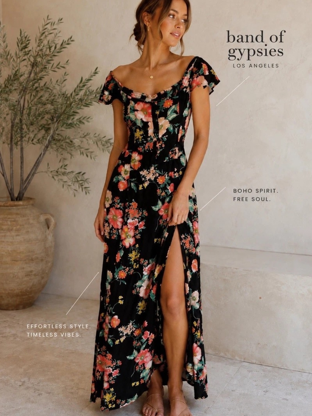 Band of Gypsies Black Floral Maxi Dress with Pink, Green & Coral Blooms